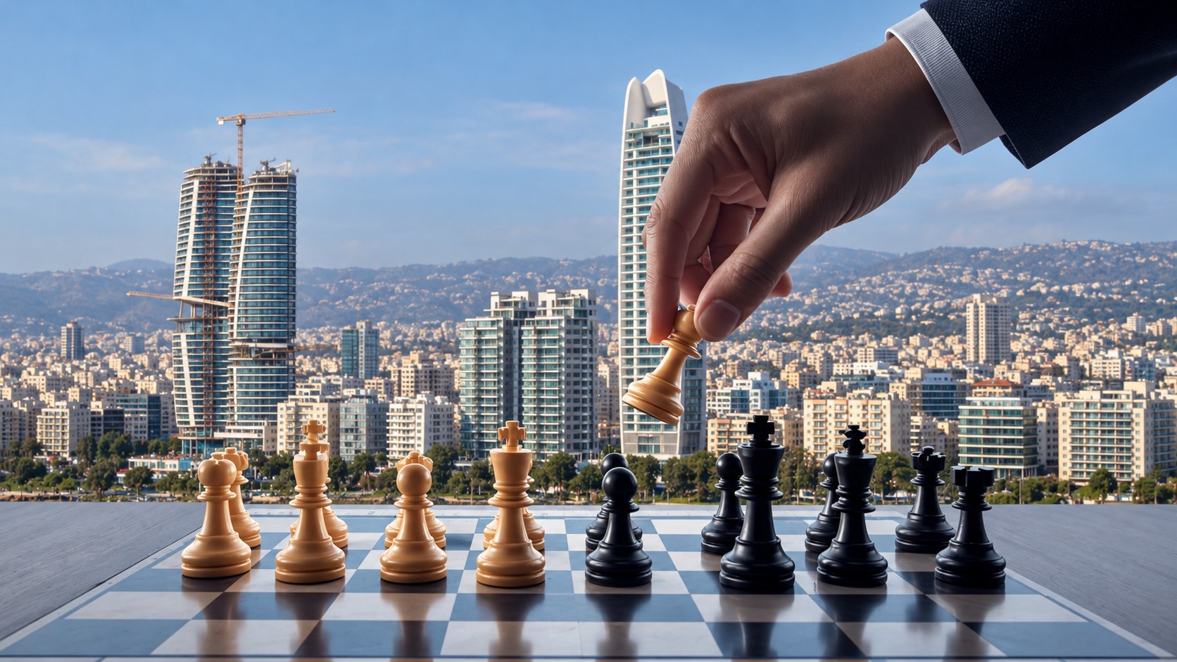 Chess pieces and a hand against the city skyline