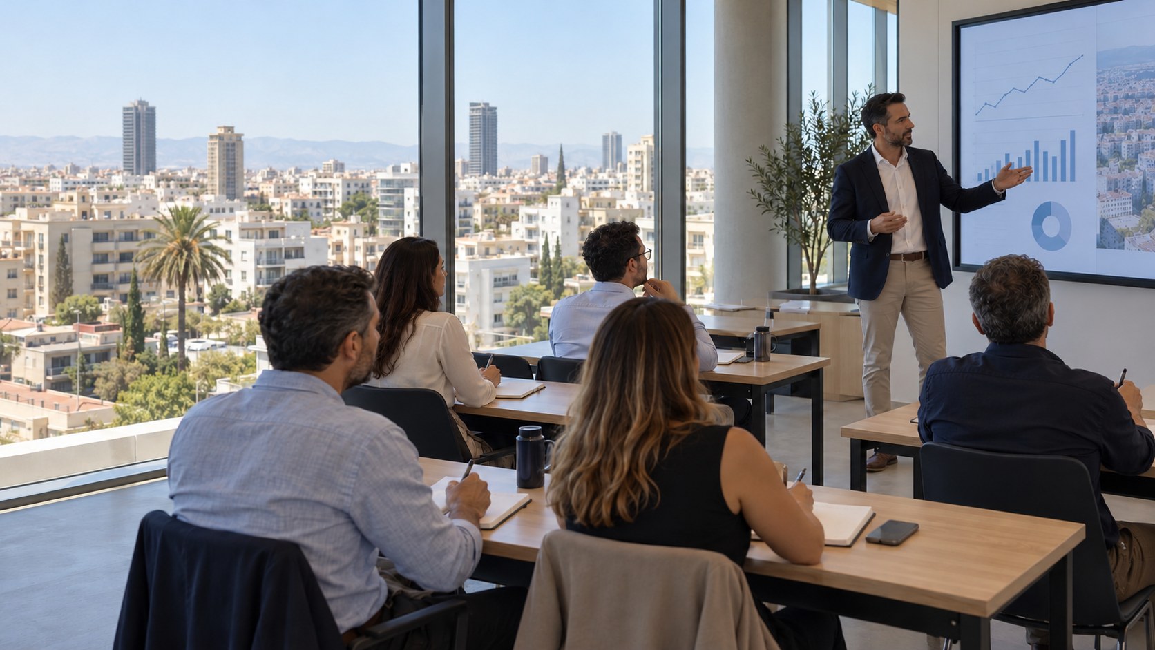 Illustration of an adult professional training seminar with an urban backdrop